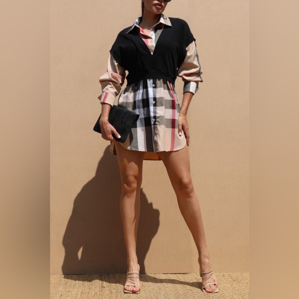 Elegant Long Sleeve Plaid Dress - Black and Beige